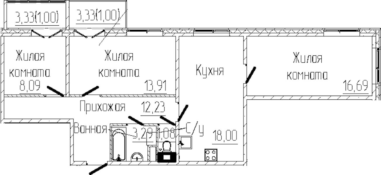 3-комнатная квартира 75.29 м², 8/8 эт., ЖК «SERTOLOVO PARK»